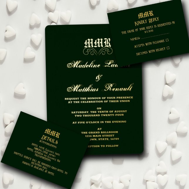 Monogram Elegant Dark Green & Gold Detail QR code Enclosure Card (Creator Uploaded)