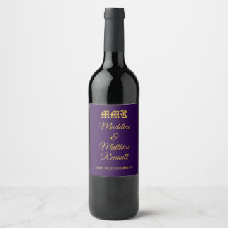 Monogram Elegant Dark Purple and Gold Wedding Wine Label