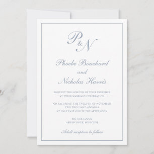 Monogram Elegant Dusty Blue All In One Wedding Invitation