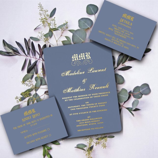 Monogram Elegant Dusty Blue and Gold RSVP Enclosure Card (Creator Uploaded)
