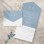 Monogram Elegant Dusty Blue And Gold Wedding All In One Invitation<br><div class="desc">This chic minimalist all-in-one wedding invitation can be personalised with your monogram initials and wedding day information on a dusty blue background. The invitation includes a perforated RSVP card that can be individually addressed or left blank for you to handwrite your guest's address details. Designed by Thisisnotme©</div>