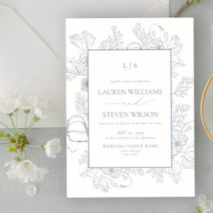 Monogram Elegant Dusty Blue Floral Line Wedding Invitation