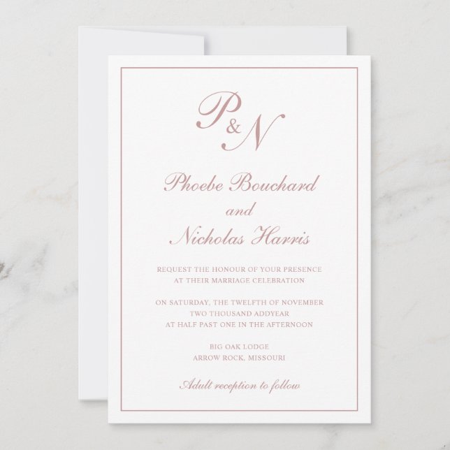 Monogram Elegant Dusty Rose All In One Wedding Invitation (Front)