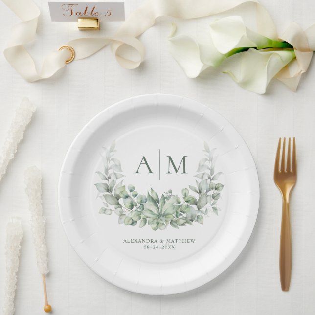 Monogram Elegant Eucalyptus Greenery Wedding Paper Plate (Wedding)