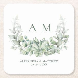 Monogram Elegant Eucalyptus Greenery Wedding Square Paper Coaster