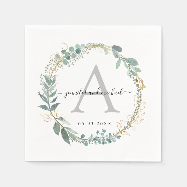 Monogram, elegant eucalyptus wedding  napkin (Front)