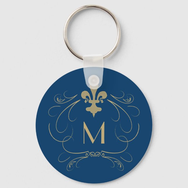 Monogram Elegant Fleur de Lis Blue Gold Key Ring (Front)