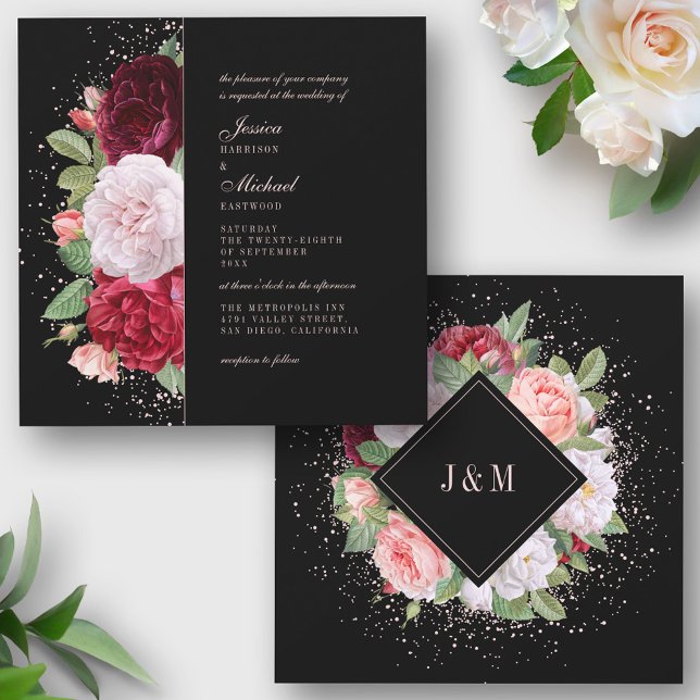 Monogram Elegant Floral Burgundy Black Wedding Invitation (Creator Uploaded)