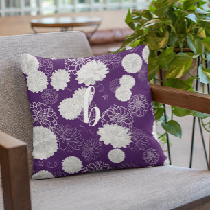 Monogram Elegant Floral Dark Purple Cushion