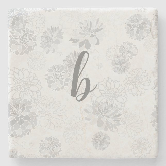 Monogram Elegant Floral Grey Stone Coaster (Front)