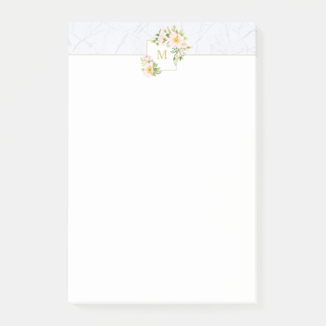 Monogram Elegant Floral Marble 4x6 Post It Notes (Front)