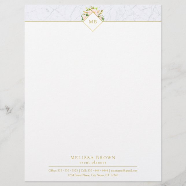 Monogram Elegant Floral Marble Chic Letterhead (Front)
