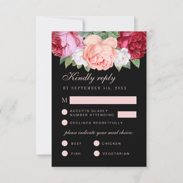 Monogram Elegant Floral Pink Black Meal Choice RSVP Card (Front)