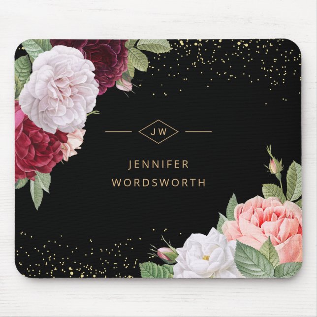 Monogram Elegant Floral Rose Pink Burgundy Black Mouse Pad (Front)