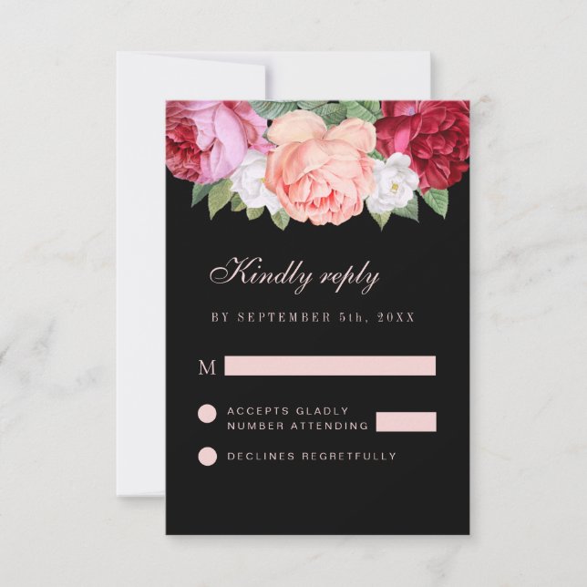Monogram Elegant Floral Roses Pink Black Wedding RSVP Card (Front)