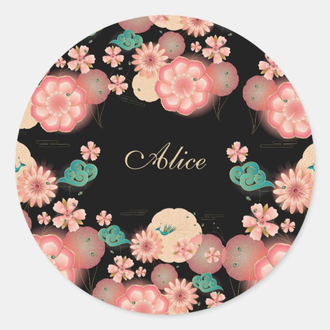 Monogram Elegant Floral Spring Peach Garden flower Classic Round Sticker (Front)