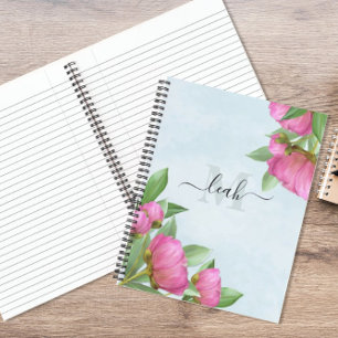 Monogram Elegant Floral Vintage Pretty Pink Peony Notebook