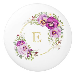 Monogram Elegant Floral Vintage Purple Pansies Ceramic Knob