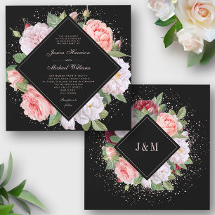 Monogram Elegant Floral White Pink Black Wedding Invitation