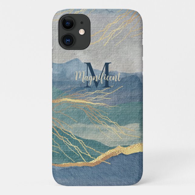 Monogram Elegant Gold Blue Landscape Art Case-Mate iPhone Case (Back)