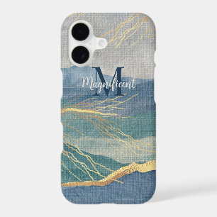 Monogram Elegant Gold & Hues of Blue Landscape Art