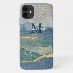 Monogram Elegant Gold & Hues of Blue Landscape Art iPhone 11 Case