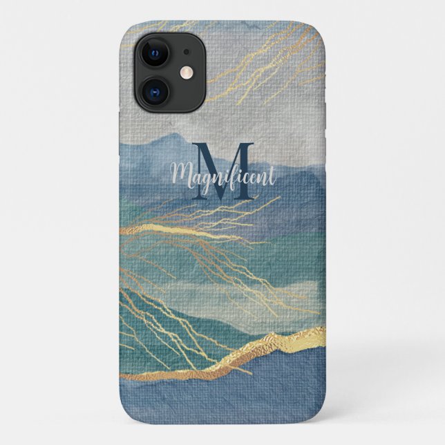Monogram Elegant Gold & Hues of Blue Landscape Art Case-Mate iPhone Case (Back)