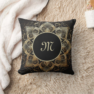 Monogram Elegant Gold Mandala on Black Cushion