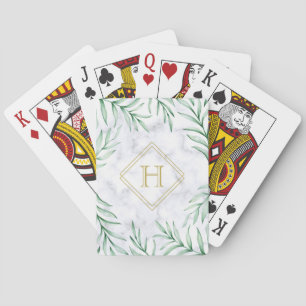 Monogram Elegant Greenery Watercolor Leaves Marble Playing Cards