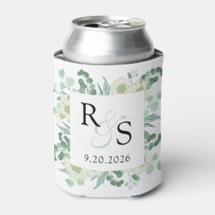 Monogram Elegant Greenery Wedding Can Cooler