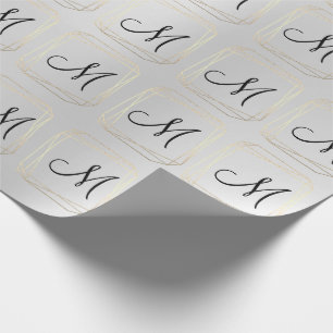 Monogram Elegant Grey Black Faux Gold Metal Frame Wrapping Paper