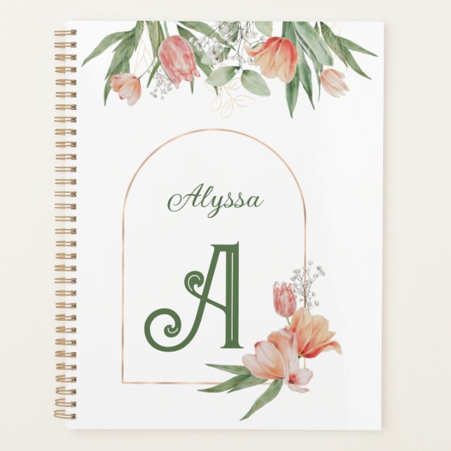 Monogram Elegant Initial & Name Watercolor Floral  Planner (Front)