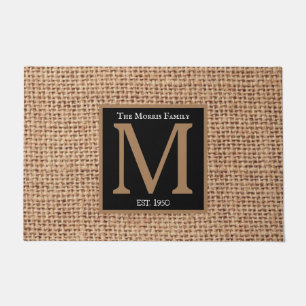 Monogram Elegant luxury design black brown burlap Doormat