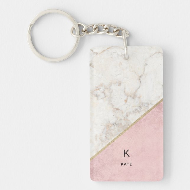 Monogram Elegant Marble Minimalist Rose Gold Key Ring (Front)