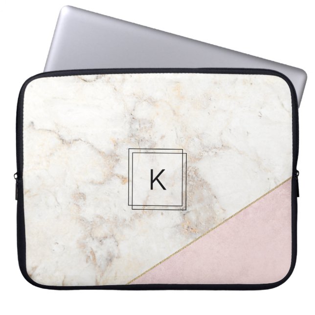 Monogram Elegant Marble Minimalist Rose Gold Laptop Sleeve (Front)