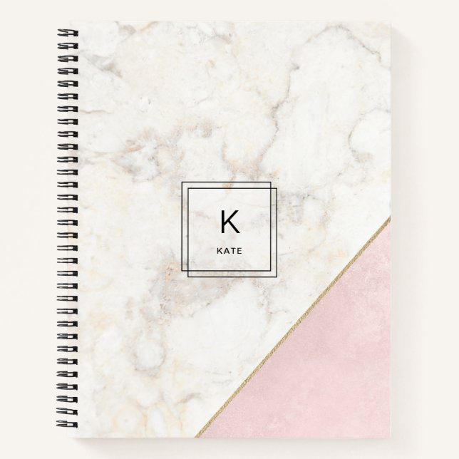 Monogram Elegant Marble Minimalist Rose Gold Notebook (Front)