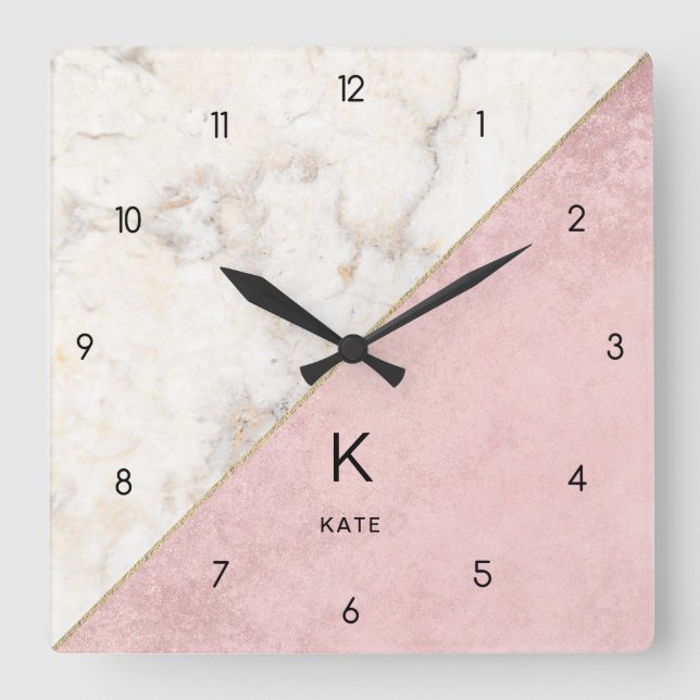Monogram Elegant Marble Minimalist Rose Gold Square Wall Clock (Front)