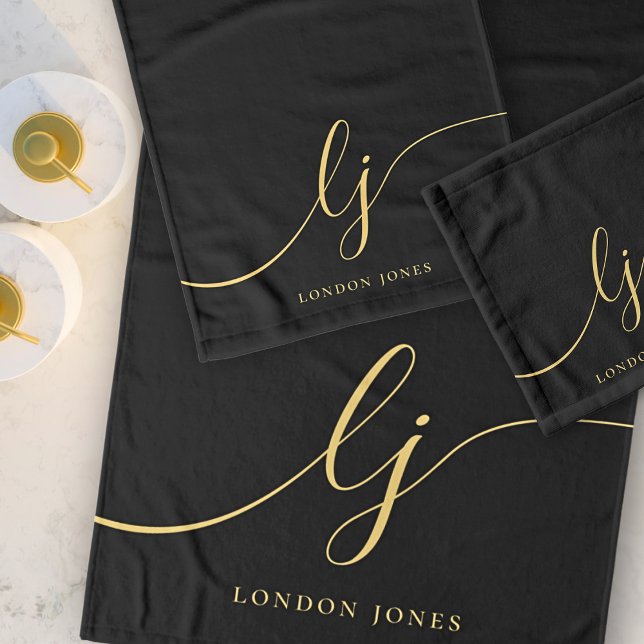 Monogram Elegant Minimal Black Gold Chic Stylish Bath Towel Set (Creator Uploaded)