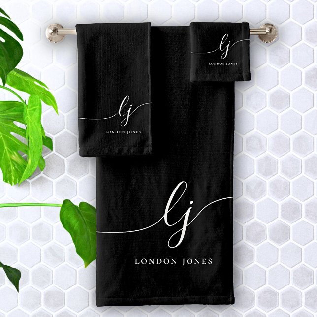 Monogram Elegant Minimal Black White Chic Bath Towel Set (Creator Uploaded)