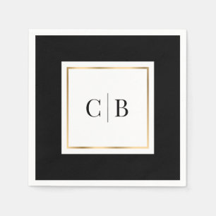 Monogram Elegant Minimal Black White Gold Wedding Napkin