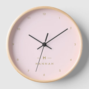 Monogram Elegant Minimal Blush Pink and Gold Clock