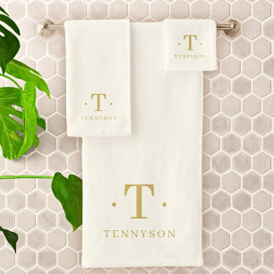 Monogram Elegant Minimal Ivory White Gold Chic Bath Towel Set