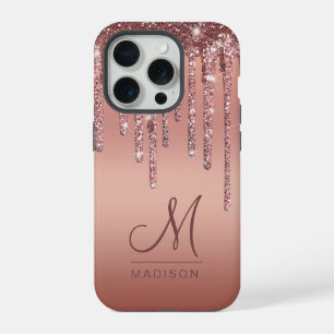 Monogram Elegant Minimal Rose Gold Glitter Drips iPhone 15 Pro Case