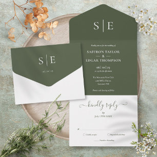 Monogram Elegant Minimalist Olive Green Wedding All In One Invitation