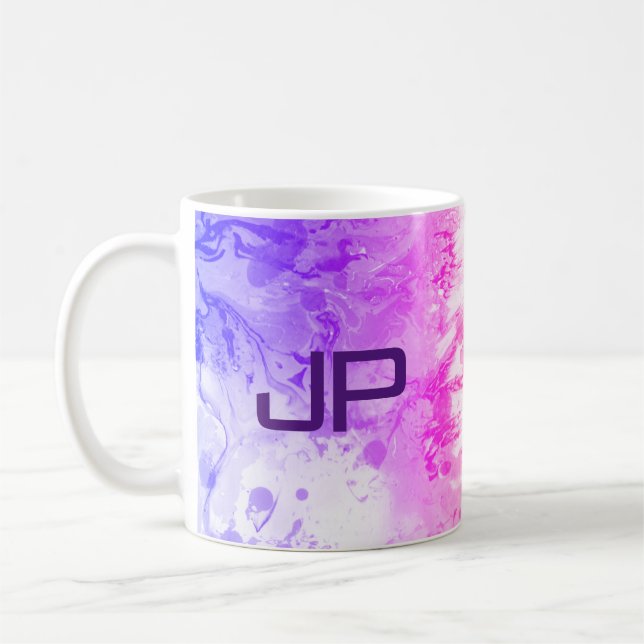 Monogram Elegant Modern Abstract Art Blue Pink Coffee Mug (Left)