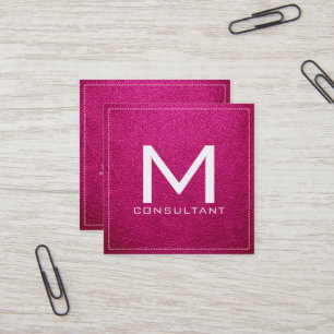 Monogram Elegant Modern Barbie Pink Leather Square Business Card