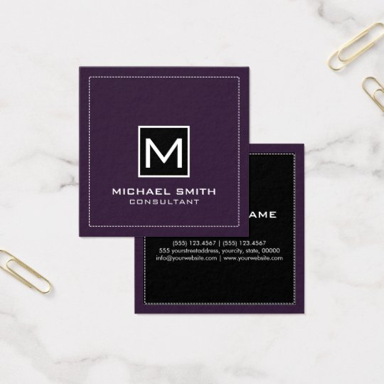 Monogram Elegant Modern Black Dark Purple Square Business Card