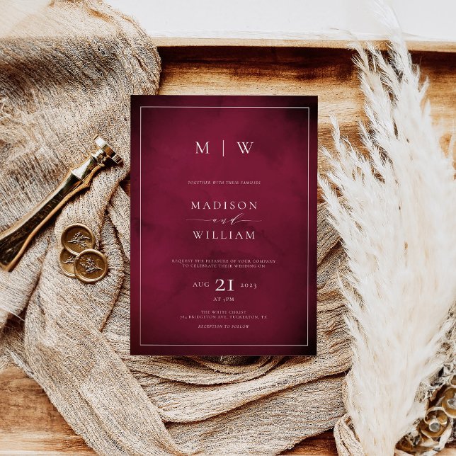 Monogram Elegant Modern Burgundy Wedding Invitation (Creator Uploaded)