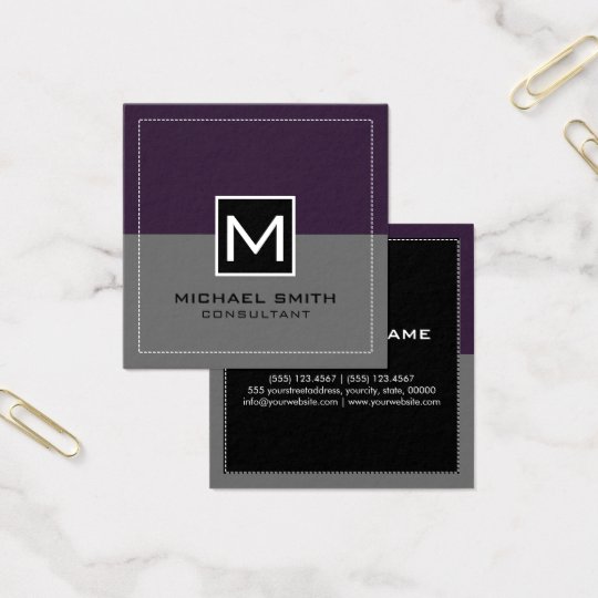 Monogram Elegant Modern Grey Dark Purple Square Business Card