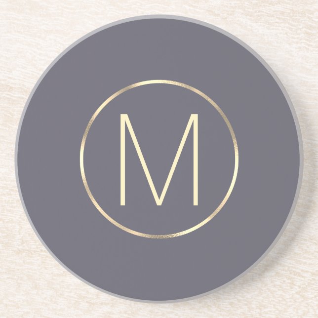 Monogram Elegant Modern Grey Gold Coaster (Front)